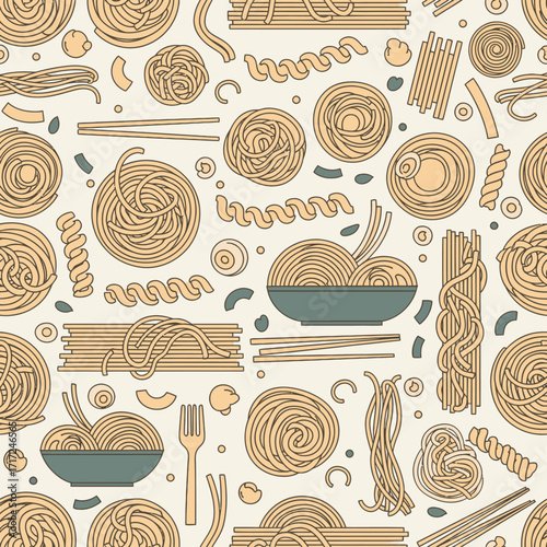 A detailed illustration of various pasta shapes arranged in a seamless pattern.