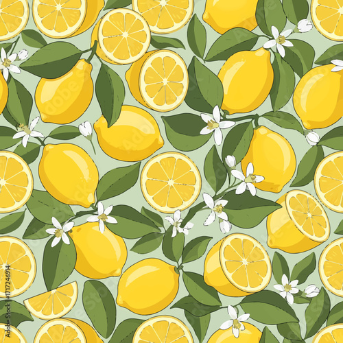 Vibrant illustration of lemons with leaves and flowers, creating a refreshing pattern on a light green background.