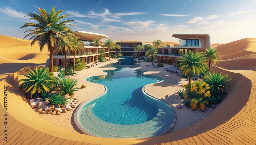 Fototapeta premium ultra realistic 360° panorama of desert resort with oasis pool, sandy dunes, modern architecture