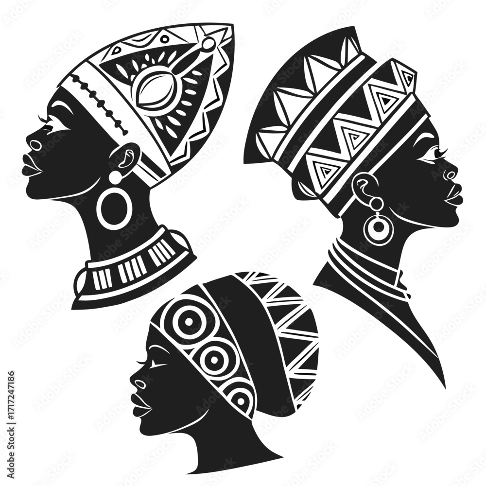 Tableau sur toile African women profile silhouettes tribal adornment