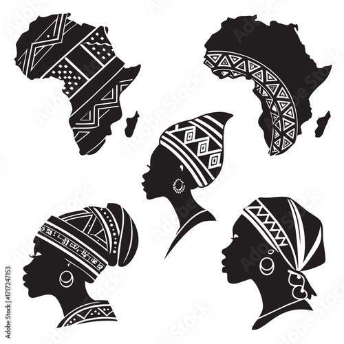 African continent silhouettes with tribal patterns
