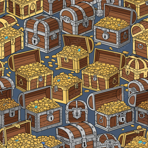 Illustration of numerous treasure chests overflowing with gold coins, some open, some closed.
