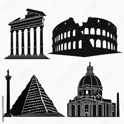Ancient architectural landmarks silhouettes ancient architecture