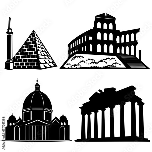 Ancient monuments silhouettes ancient architecture