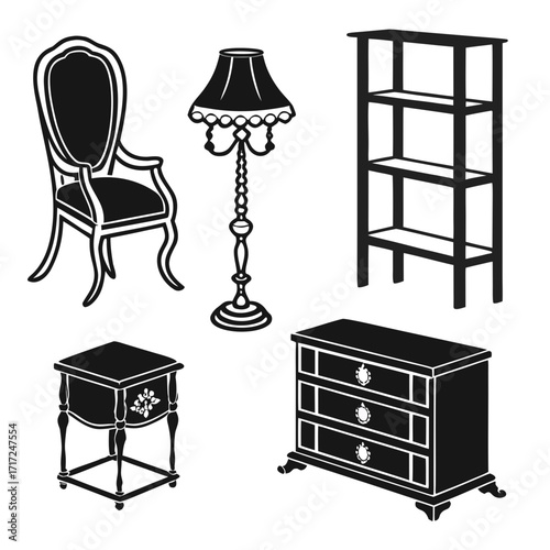 Antique furniture silhouettes ornate chair lamp table chest shelves