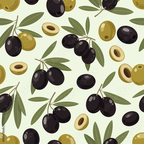 Seamless pattern featuring olives, including black and green varieties, with leaves, and sliced pieces on a light background.