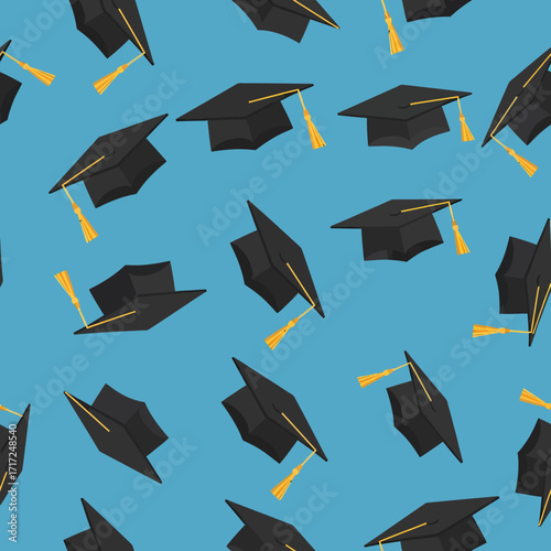 A repeating pattern of black graduation caps with yellow tassels against a blue background.