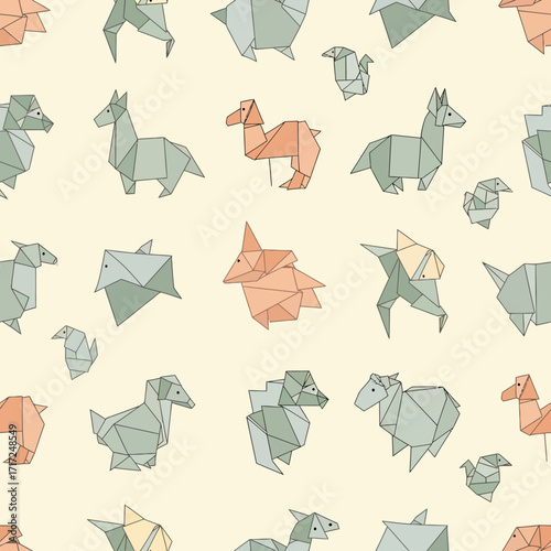 Seamless pattern featuring origami animals in various colors on a cream-colored background.