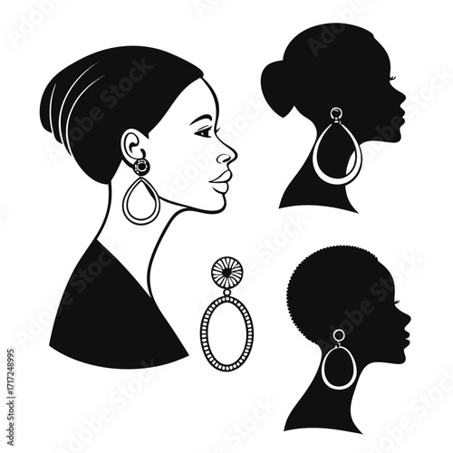 Black female profiles wearing earrings silhouette hoop
