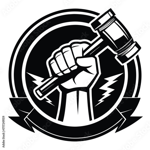 Strong hand holding hammer in circle logo design and icon design 