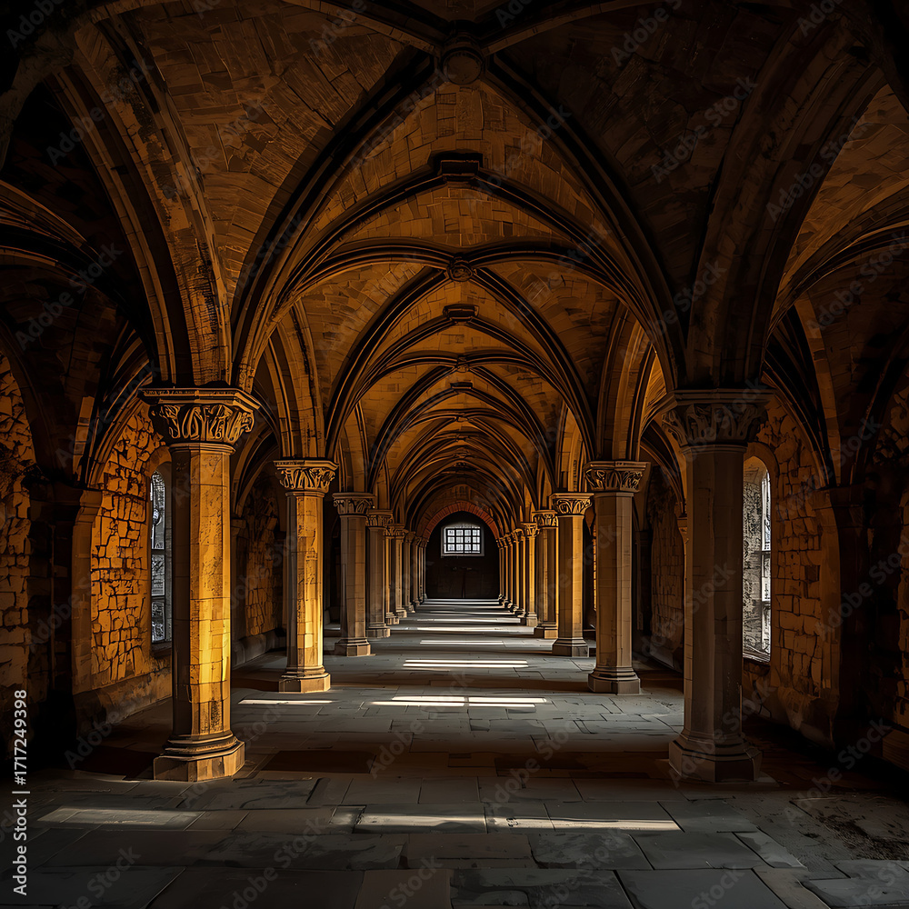 Obraz premium The medieval undercroft of Lanercost Priory features a stone vaulted ceiling and pillars.