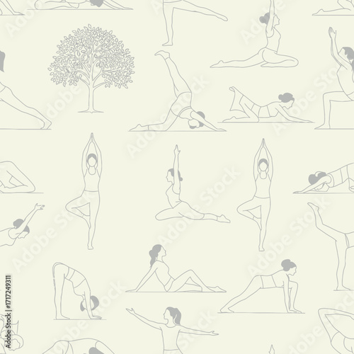 Seamless pattern featuring various yoga poses, perfect for wellness and fitness themes.