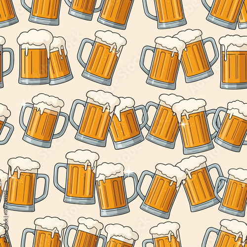 Seamless pattern of beer mugs with overflowing foam, perfect for a pub or brewery.