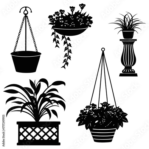 Black silhouette hanging and standing potted plants