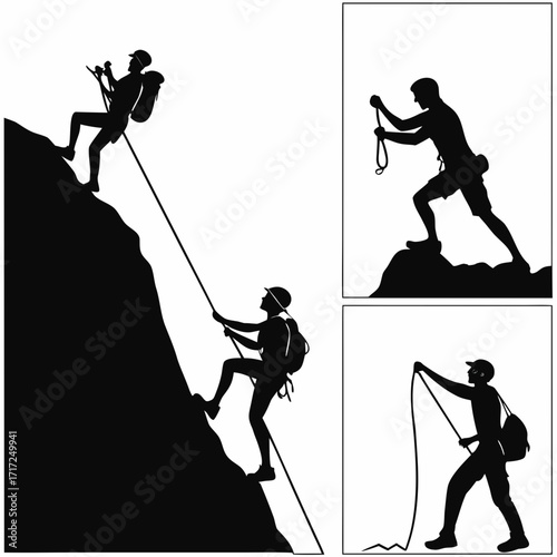 Black silhouettes of climbers ascending rocky terrain