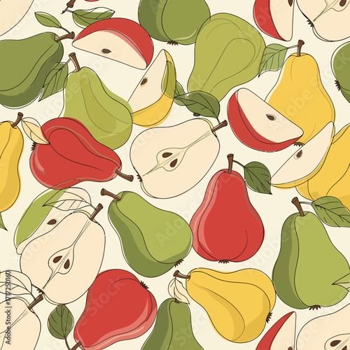 A vibrant and detailed illustration featuring a variety of pears in different colors and shapes.