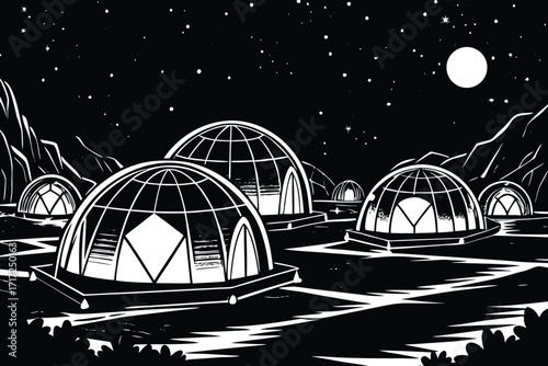 Vector art of a black and white illustration of a futuristic lunar colony with domes under a starry sky and full moon