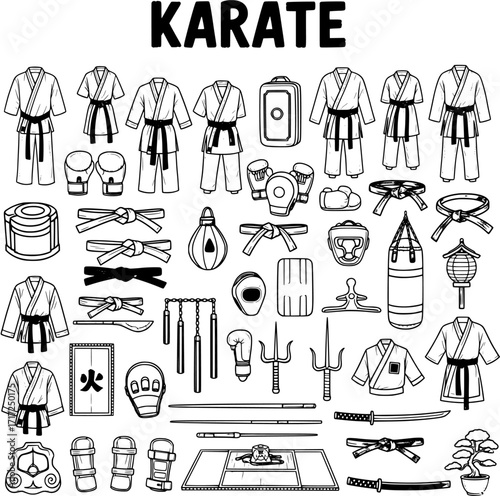 Karate  Martial Arts Training Equipment Icon Set: Uniforms, Belts, Gloves, Weapons, Punching Bags,  Dojo Essentials Outline Vector