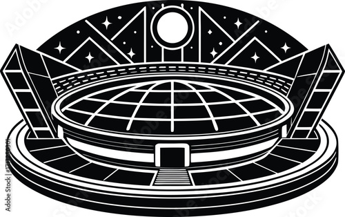 Vector art of a black and white illustration of a futuristic stadium with a dome and pyramids around it and stars