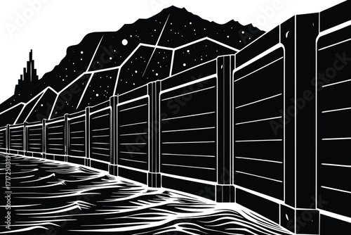 Vector art of a black and white illustration of a futuristic city with a long wall and mountains in the background