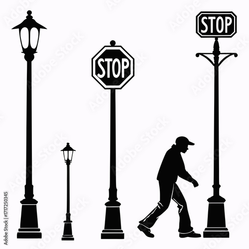 Black silhouettes street lamps stop signs person walking