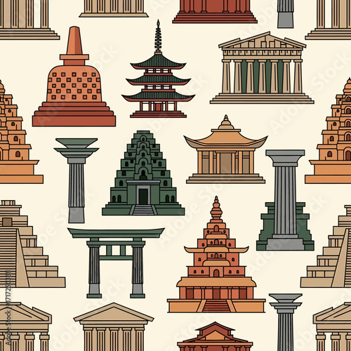 Seamless pattern featuring various architectural structures, showcasing diverse cultural landmarks.