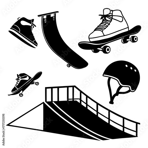 Black skateboarding equipment and ramp shoes helmet