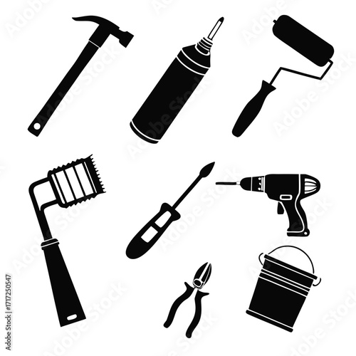 Black tool silhouettes collection hammer paint roller
