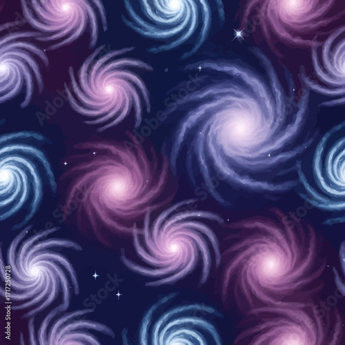 Seamless pattern of swirling galaxies in space, featuring vibrant colors and cosmic dust.