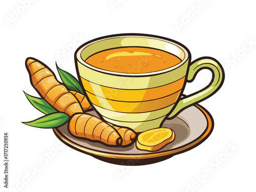 Orange beverage in striped cup with carrots and ginger slices saucer