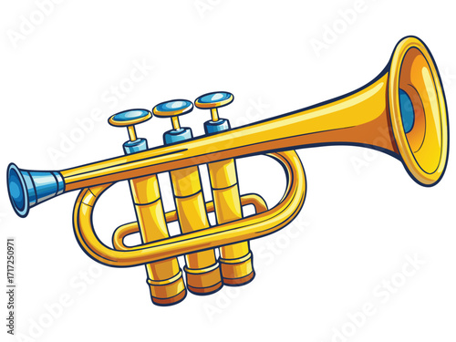 Shiny golden brass trumpet with blue valve caps musical instrument wind instrument