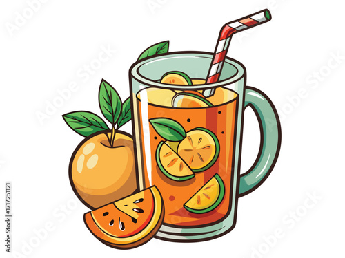 Refreshing orange juice with fruit slices and straw glass lime