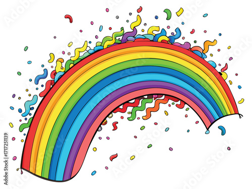 Colorful rainbow arc with confetti and streamers vector
