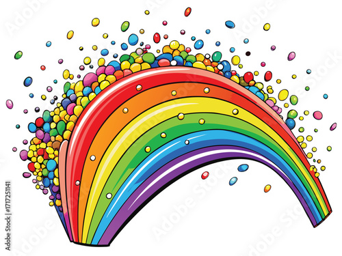 Colorful rainbow arch with scattered candy vector