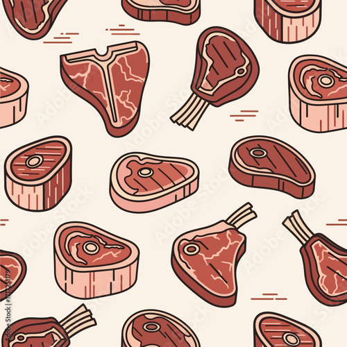 Seamless pattern featuring various cuts of raw red meat, perfect for culinary or butcher shop themes.