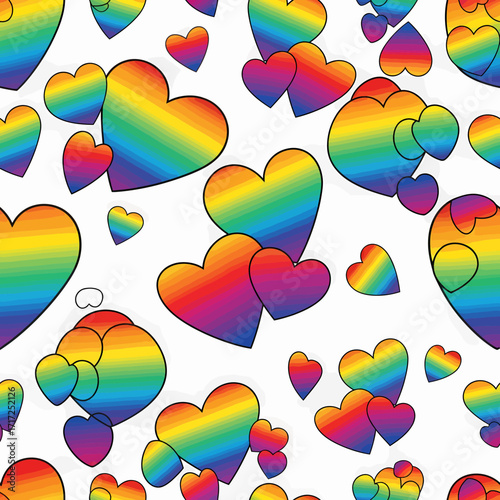 A vibrant and colorful pattern featuring numerous rainbow-colored hearts of various sizes.