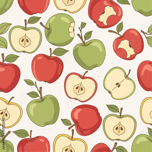 Seamless pattern featuring various apples, including whole, sliced, and bitten, with leaves.