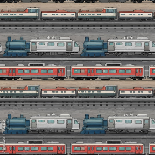 Seamless pattern of various train cars on tracks, showcasing transportation and travel.