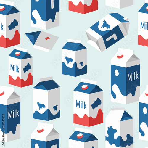 Illustration of a repeating pattern featuring various milk carton designs with a light blue background.