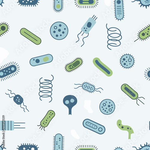 Illustration of various bacteria and microorganisms in a repeating pattern on a light background.