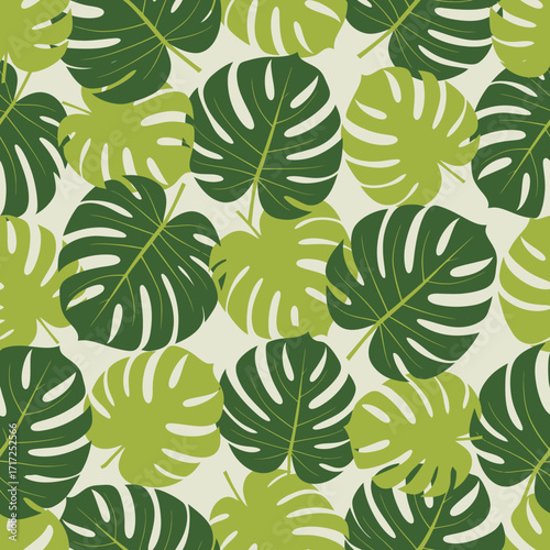 Vibrant tropical pattern featuring lush green Monstera deliciosa leaves on a light background, creating a refreshing design.