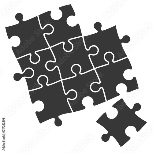 Dark gray puzzle pieces assembled and separate jigsaw