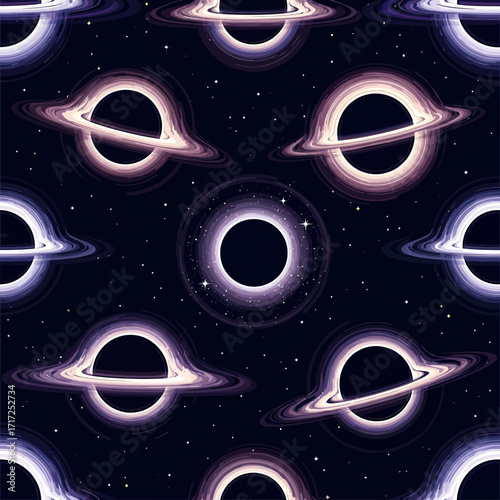 Illustration of multiple black holes with accretion disks against a starry background.