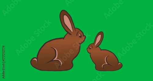 Designers showcasing cartoon rabbit duo facing each other on transparent canvas adding pink accents