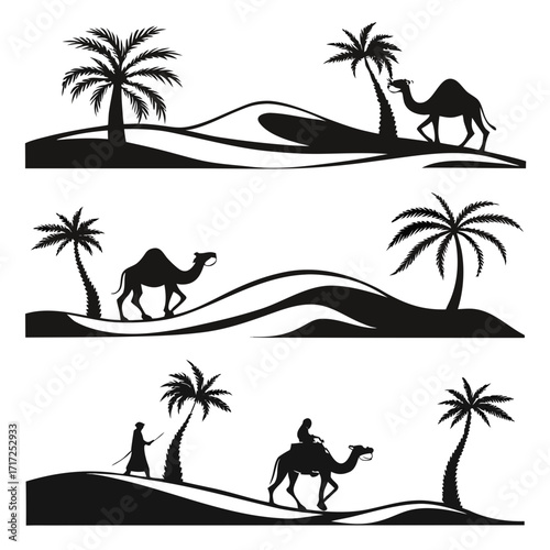 Desert oasis palm trees camels dunes
