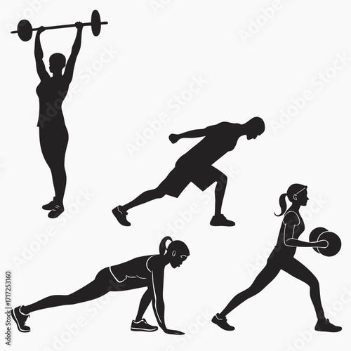 Diverse fitness silhouettes performing exercises workout