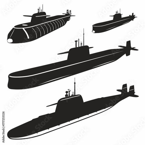 Diverse submarine silhouettes black submersible naval