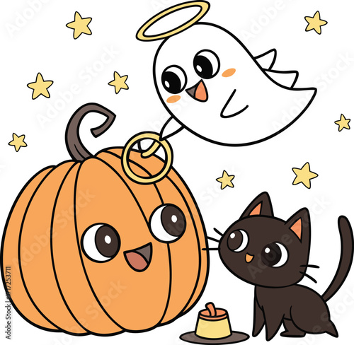 Vector art of a delightful halloween scene featuring a cute pumpkin, an angelic ghost, and a sweet black cat, all surrounded by stars, creating a whimsical atmosphere