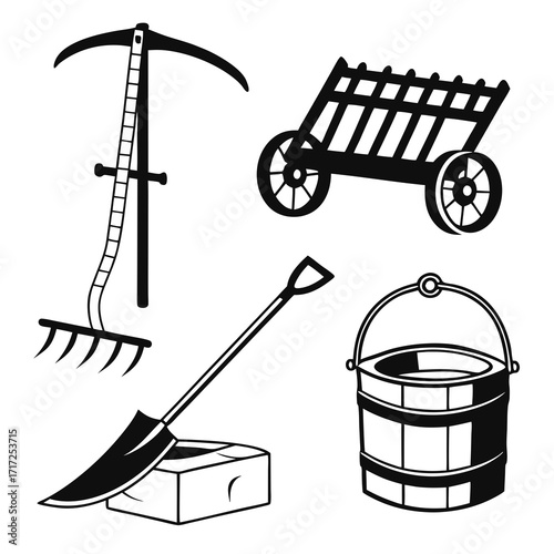 Farm tools and equipment collection sickle rake