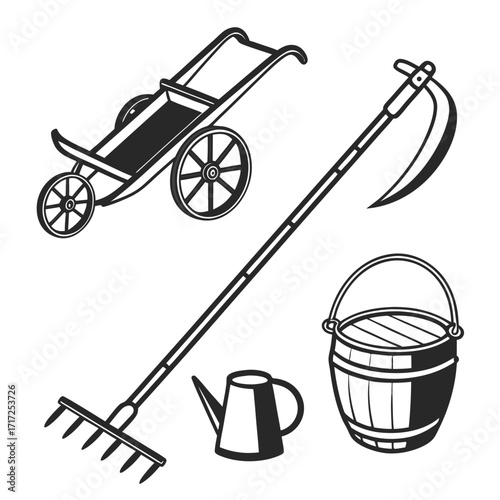 Farm tools collection sickle rake watering can bucket cart